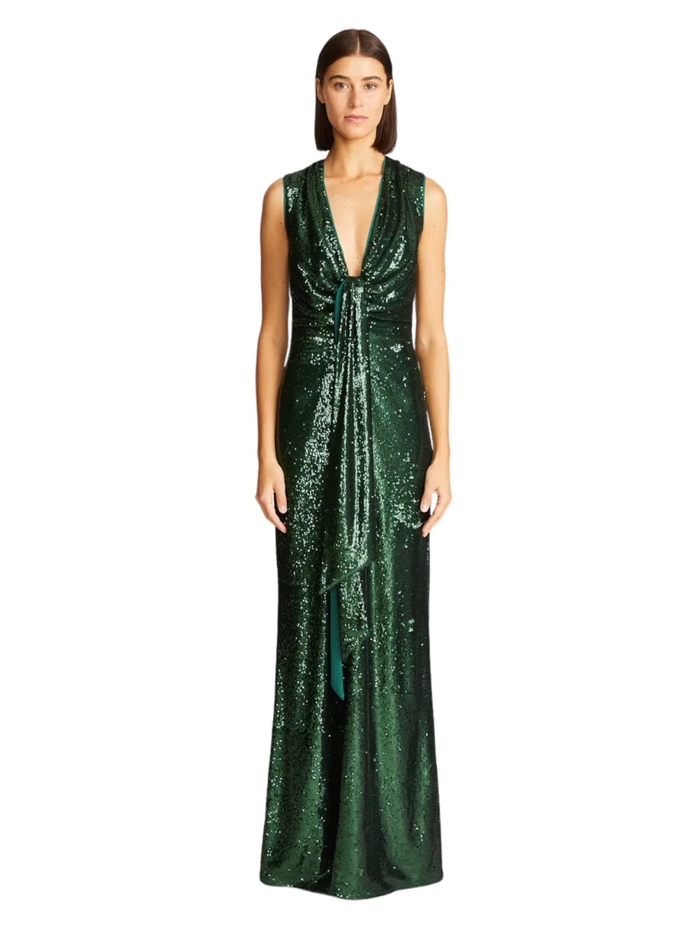 Halston Magdalena Emerald Green Sequin Tie-Front Maxi Gown